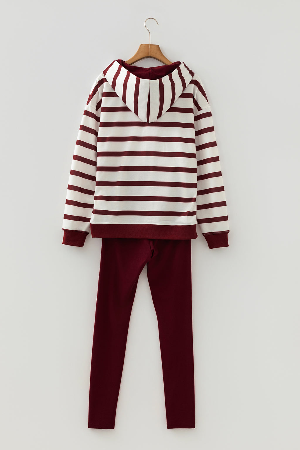 Red stripe pullover hoodie and ribbed solid pants set by Dear-Lover, casual two-piece outfit in polyester fabric.