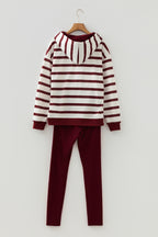 Red stripe pullover hoodie and ribbed solid pants set by Dear-Lover, casual two-piece outfit in polyester fabric.