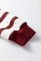 Red stripe pullover hoodie and ribbed solid pants from Dear-Lover two-piece set, casual red and white athletic outfit.