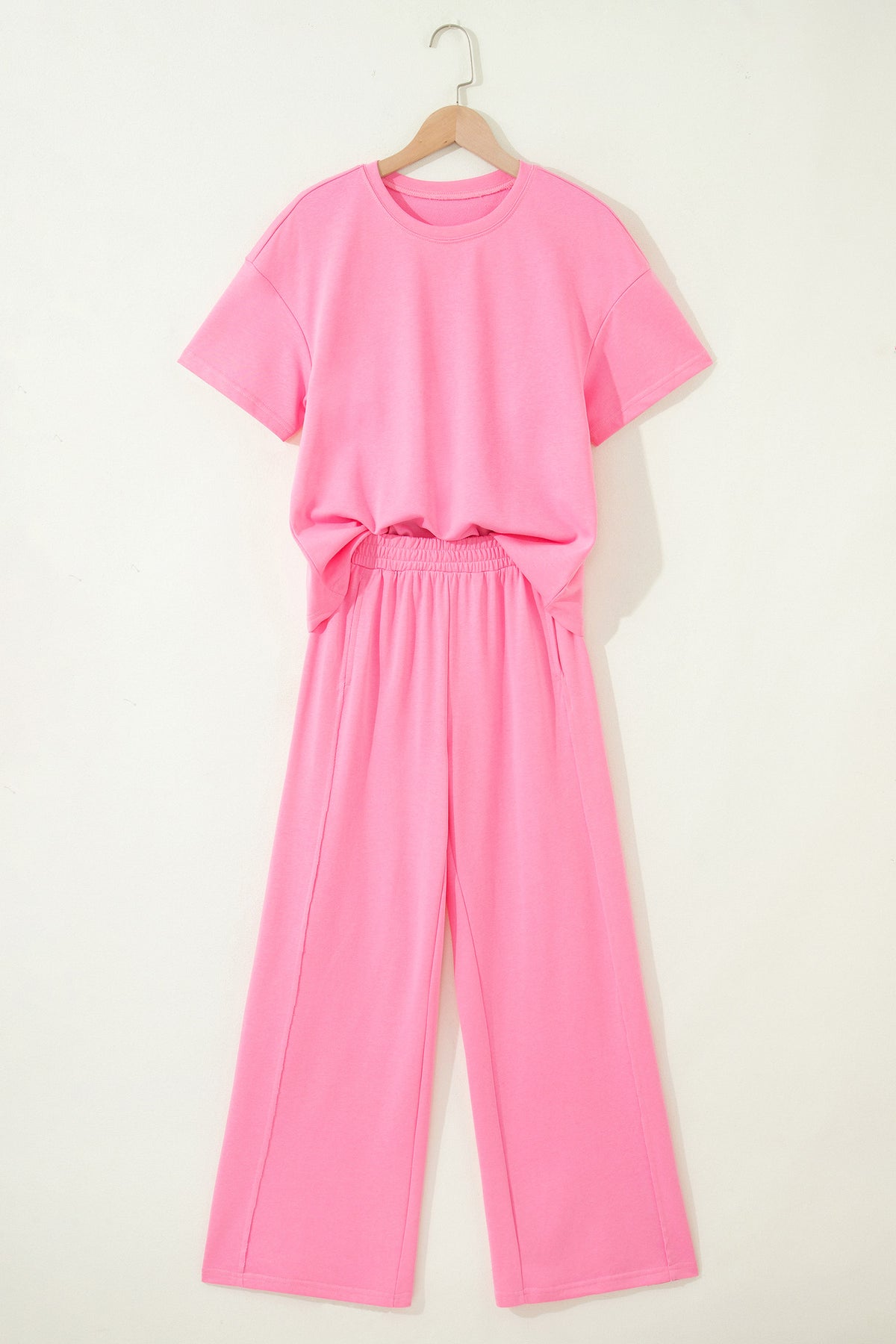 Pink solid oversized tee and casual pocketed pants set from Dear-Lover, two-piece cotton-polyester outfit, perfect for relaxed wear.