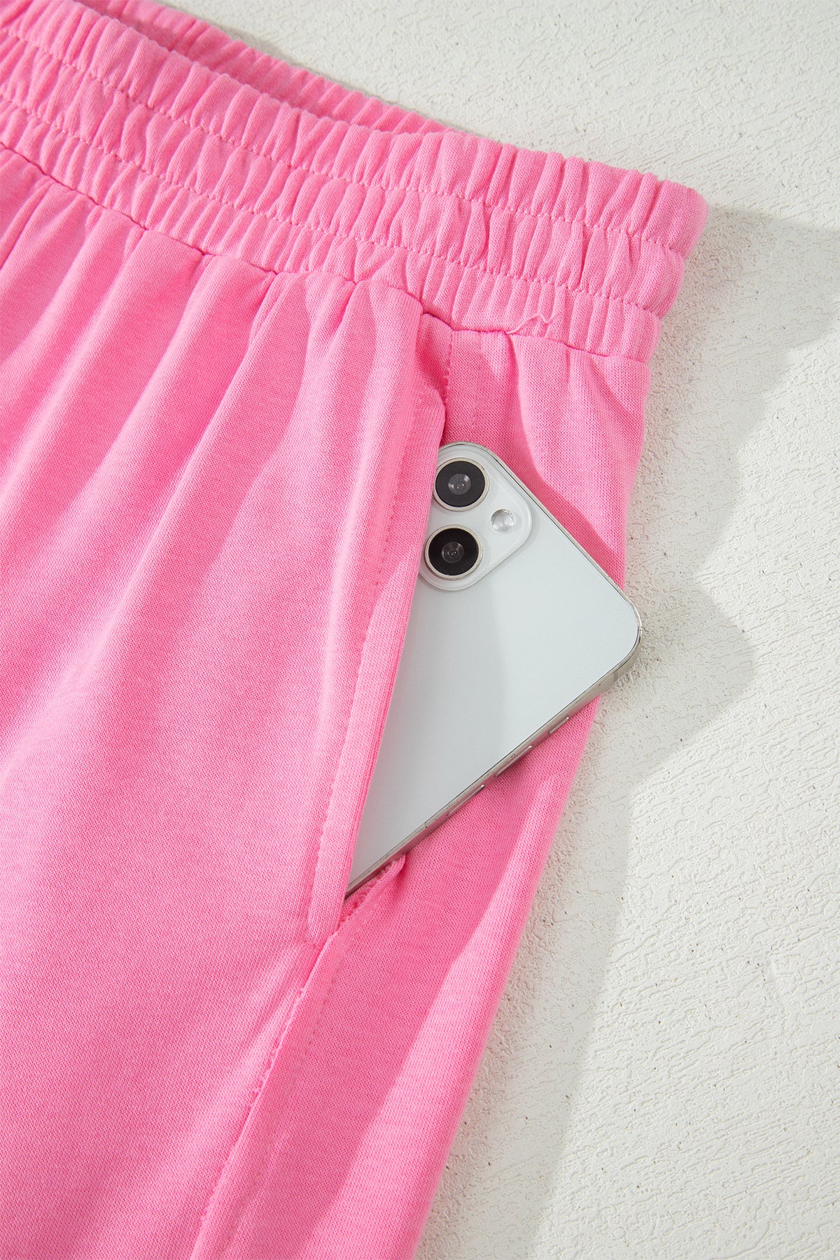 Pink solid cover oversize tee and casual pants two-piece set by Dear-Lover with pockets, comfortable cotton-polyester fabric.