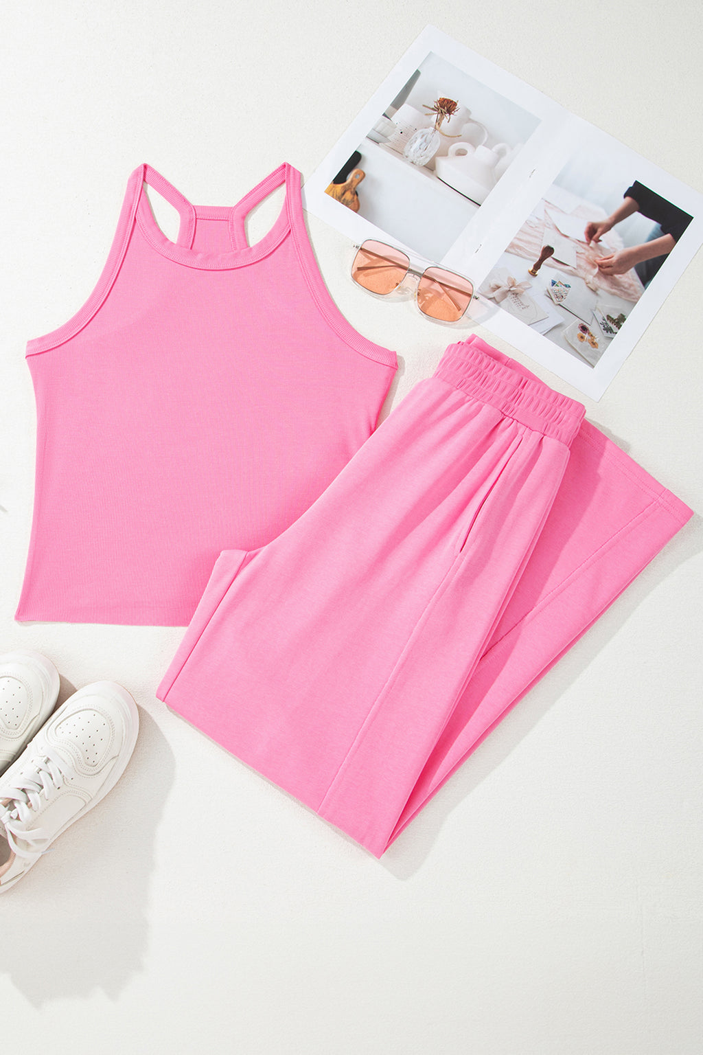 Pink slim ribbed tank top and sweatpants set by Dear-Lover, featuring a comfortable, form-fitting design in soft fabric.
