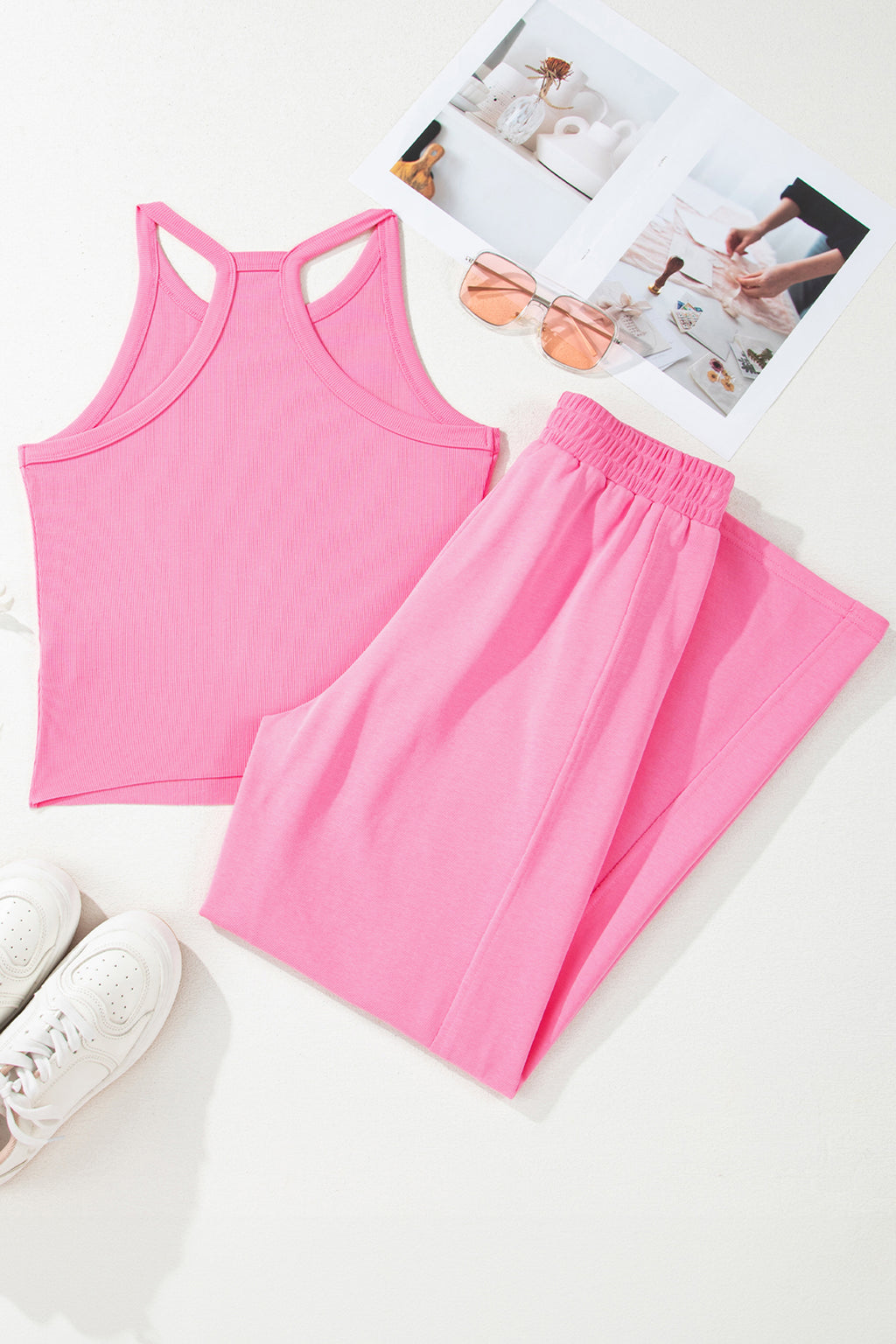 Pink slim ribbed tank top and sweatpants set by Dear-Lover, made of viscose, elastane, cotton, and polyester for a comfortable fit.