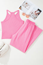 Pink slim ribbed tank top and sweatpants set by Dear-Lover, made of viscose, elastane, cotton, and polyester for a comfortable fit.