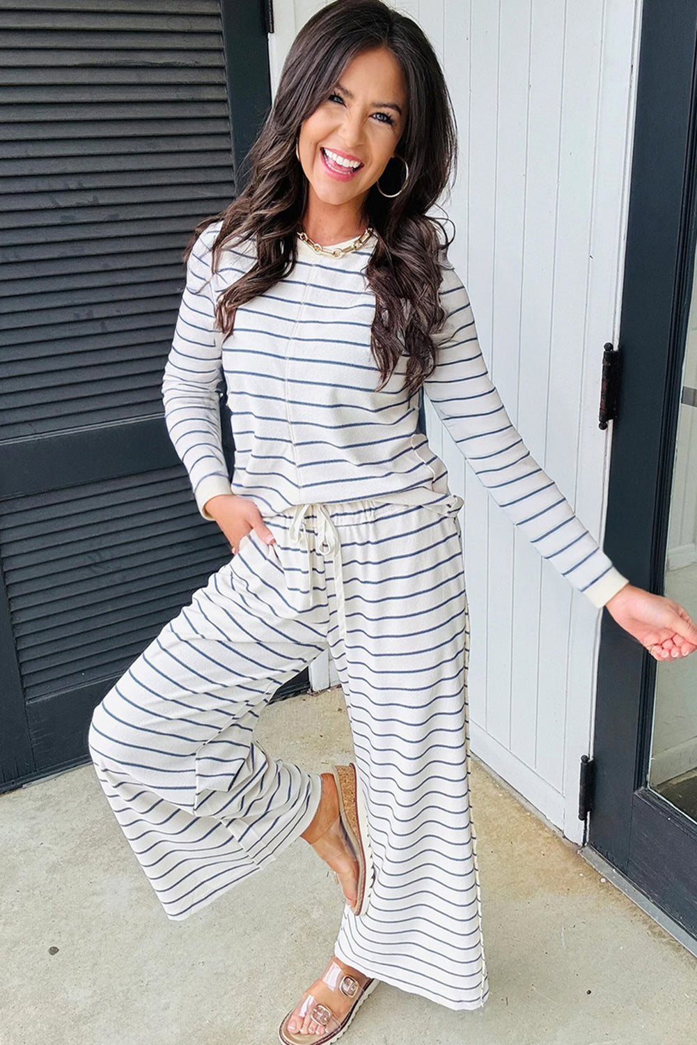Dear-Lover Sail Blue striped long sleeve top with drawstring wide-leg pants two-piece set, casual and comfortable outfit.