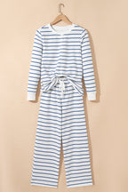 Dear-Lover Sail Blue striped long sleeve top and wide leg pants two-piece set, casual polyester and cotton outfit.