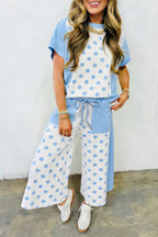 Sky blue color block patchwork polka dot wide leg pant set by Dear-Lover, featuring two-piece polyester and cotton casual outfit.