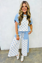 Sky blue color block patchwork polka dot wide-leg pant set by Dear-Lover, featuring a two-piece polyester and cotton casual outfit.