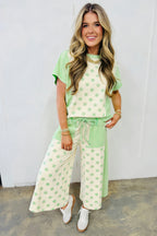 Sky blue color block patchwork polka dot wide-leg pant set by Dear-Lover, featuring a stylish two-piece design in polyester and cotton.