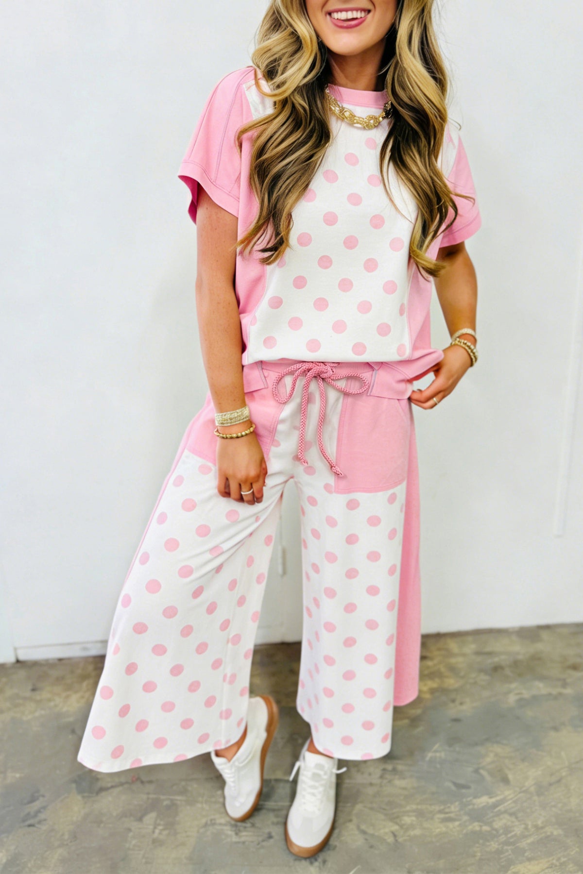 Sky blue color block patchwork polka dot wide leg pant set by Dear-Lover, featuring a stylish two-piece polyester and cotton design.