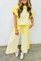 Sky blue color block patchwork polka dot wide-leg pant set by Dear-Lover, featuring two-piece polyester and cotton fashion ensemble.