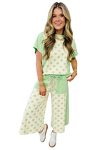 Sky blue color block patchwork polka dot wide-leg pant set by Dear-Lover, two-piece polyester and cotton casual outfit.