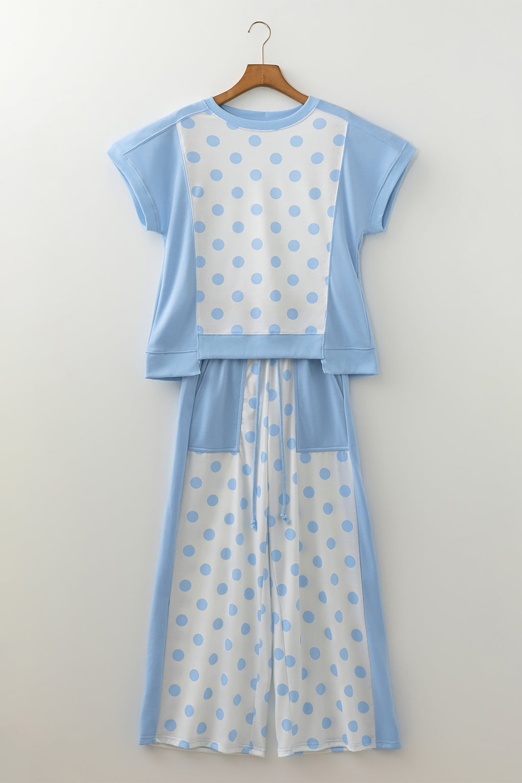 Sky blue color block patchwork polka dot wide leg pant set by Dear-Lover, featuring a two-piece polyester and cotton design.