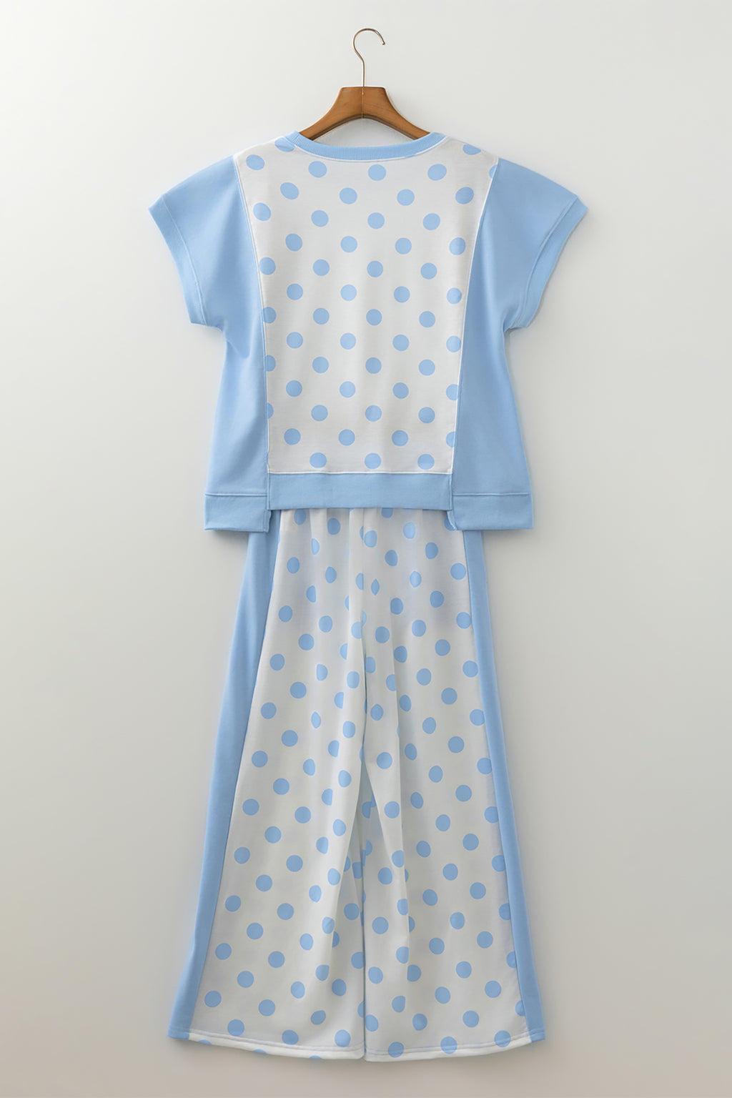 Sky blue color block patchwork polka dot wide-leg pant set by Dear-Lover, featuring two-piece polyester and cotton design.