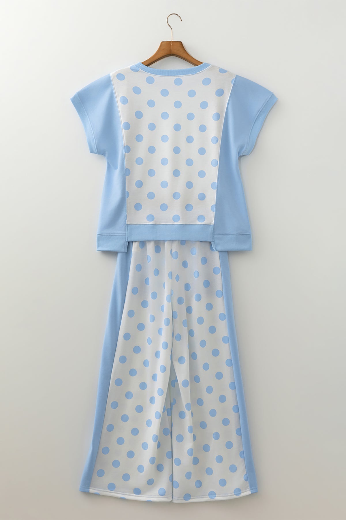 Sky blue color block patchwork polka dot wide-leg pant set by Dear-Lover, featuring two-piece polyester and cotton design.