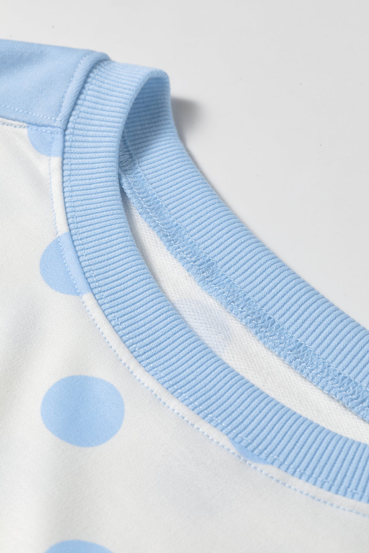 Sky blue color block patchwork polka dot wide-leg pant set by Dear-Lover, featuring two-piece stylish pants and top in polyester and cotton.