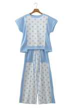 Sky blue color block patchwork polka dot wide-leg pant set by Dear-Lover, featuring two-piece polyester and cotton stylish pant ensemble.