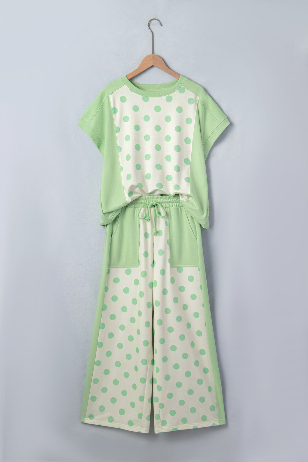 Sky blue color block patchwork polka dot wide-leg pant set by Dear-Lover, featuring a two-piece polyester and cotton design.