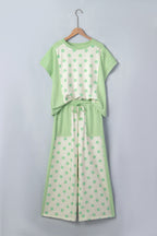 Sky blue color block patchwork polka dot wide-leg pant set by Dear-Lover, featuring a two-piece polyester and cotton design.