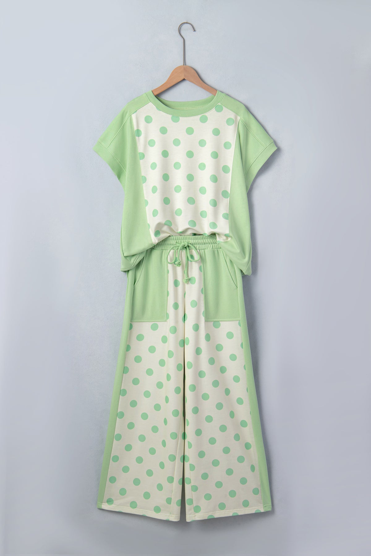 Sky blue color block patchwork polka dot wide-leg pant set by Dear-Lover, featuring a two-piece polyester and cotton design.