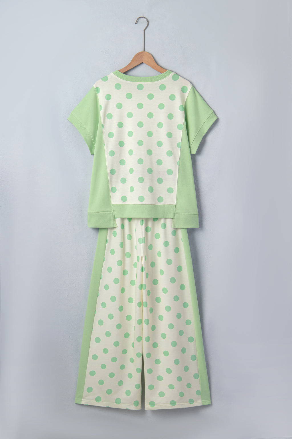 Sky blue color block patchwork polka dot wide-leg pant set by Dear-Lover, featuring two-piece polyester and cotton fabric.