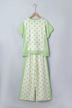 Sky blue color block patchwork polka dot wide-leg pant set by Dear-Lover, featuring two-piece polyester and cotton fabric.