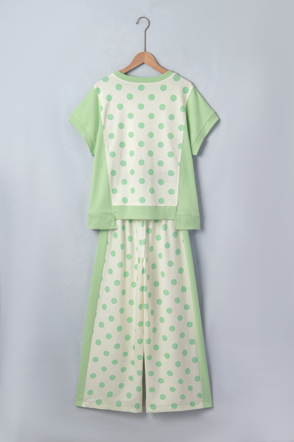 Sky blue color block patchwork polka dot wide-leg pant set by Dear-Lover, featuring two-piece polyester and cotton fabric.