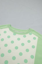 Sky blue color block patchwork polka dot wide-leg pant set by Dear-Lover, featuring a two-piece polyester and cotton design.