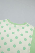 Sky blue color block patchwork polka dot wide-leg pant set by Dear-Lover, featuring two-piece polyester and cotton casual outfit.