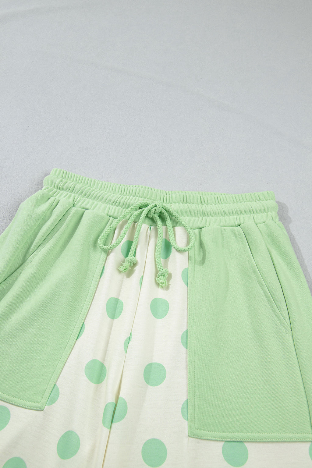 Sky blue color block patchwork polka dot wide-leg pant set by Dear-Lover, featuring a stylish two-piece design in polyester and cotton.