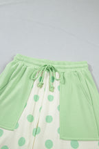 Sky blue color block patchwork polka dot wide-leg pant set by Dear-Lover, featuring a stylish two-piece design in polyester and cotton.