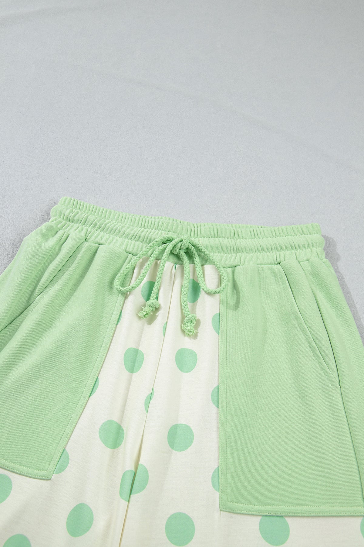 Sky blue color block patchwork polka dot wide-leg pant set by Dear-Lover, featuring a stylish two-piece design in polyester and cotton.