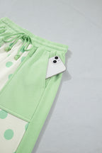 Sky blue color block patchwork polka dot wide-leg pant set by Dear-Lover, featuring a two-piece polyester and cotton design.