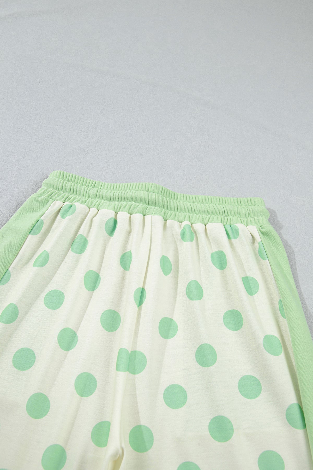 Sky blue color block patchwork polka dot wide-leg pant set by Dear-Lover, featuring a stylish two-piece polyester-cotton design.
