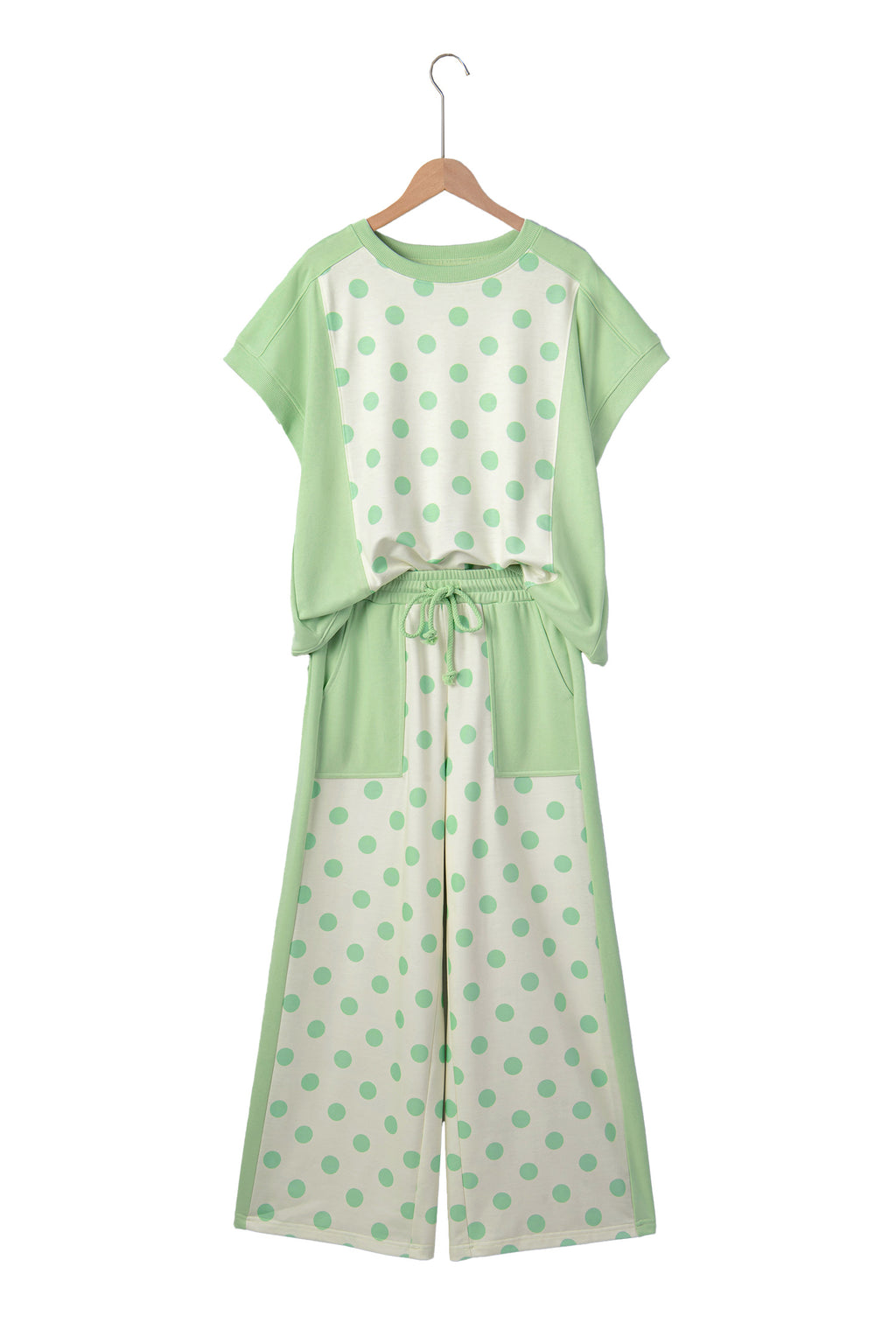 Sky blue color block patchwork polka dot wide-leg pant set from Dear-Lover, featuring two-piece polyester and cotton casual style.
