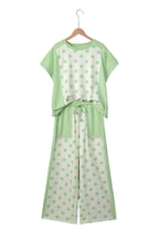 Sky blue color block patchwork polka dot wide-leg pant set from Dear-Lover, featuring two-piece polyester and cotton casual style.