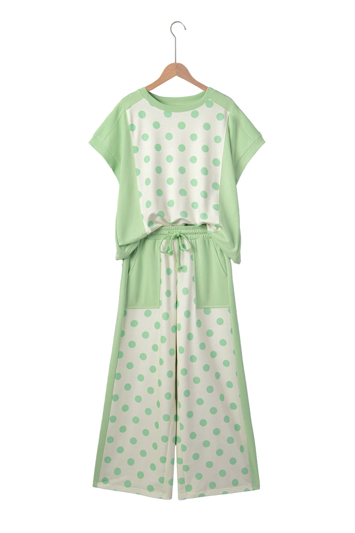 Sky blue color block patchwork polka dot wide-leg pant set from Dear-Lover, featuring two-piece polyester and cotton casual style.