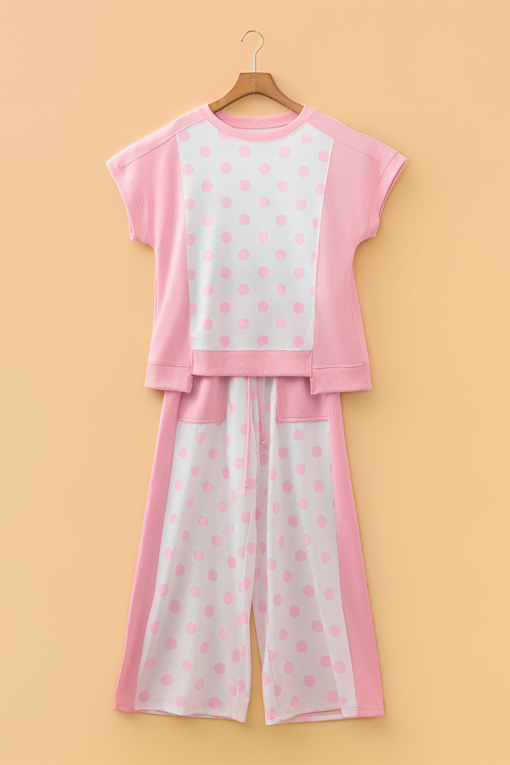 Sky blue color block patchwork polka dot wide-leg pant set by Dear-Lover, featuring a two-piece polyester-cotton design.