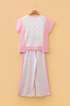 Sky blue color block patchwork polka dot wide-leg pant set by Dear-Lover, featuring a stylish two-piece design with polyester and cotton.