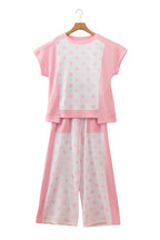 Sky blue color block patchwork polka dot wide-leg pant set by Dear-Lover, featuring two-piece polyester and cotton design.