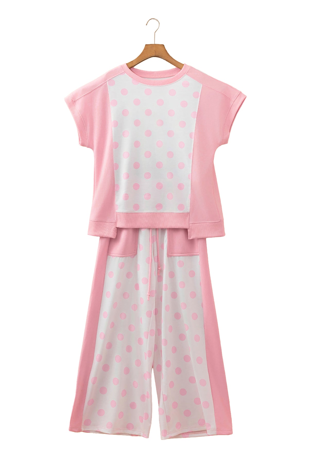 Sky blue color block patchwork polka dot wide-leg pant set by Dear-Lover, featuring two-piece polyester and cotton design.