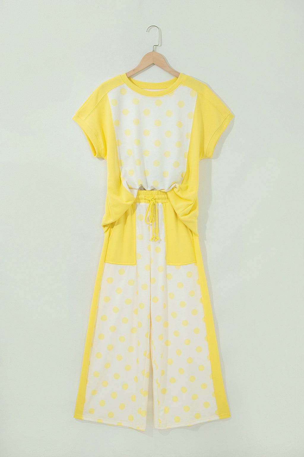 Sky blue two-piece pant set with color block patchwork and polka dot wide-leg pants by Dear-Lover Dropshipping.