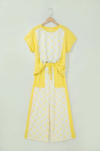Sky blue two-piece pant set with color block patchwork and polka dot wide-leg pants by Dear-Lover Dropshipping.