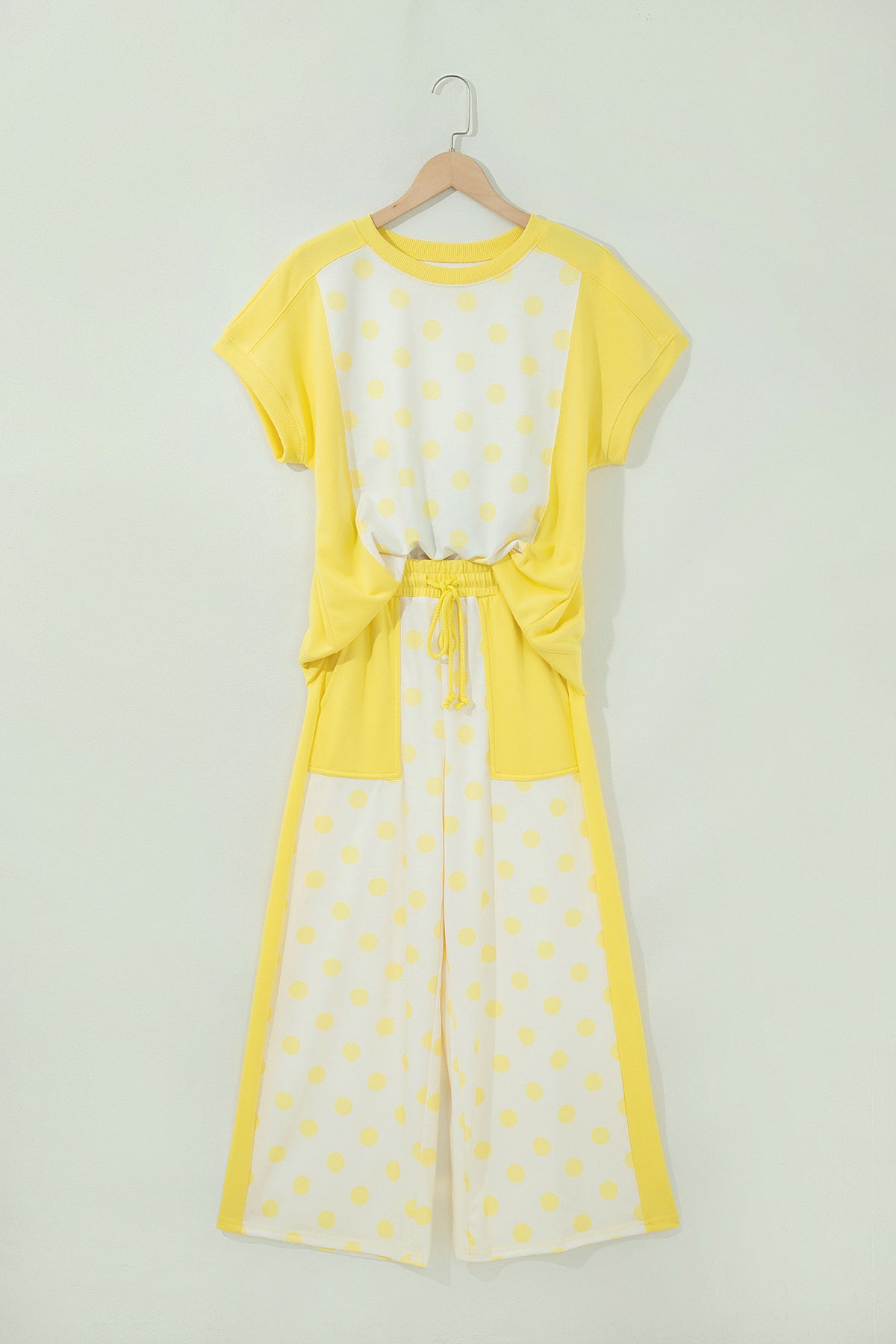 Sky blue two-piece pant set with color block patchwork and polka dot wide-leg pants by Dear-Lover Dropshipping.