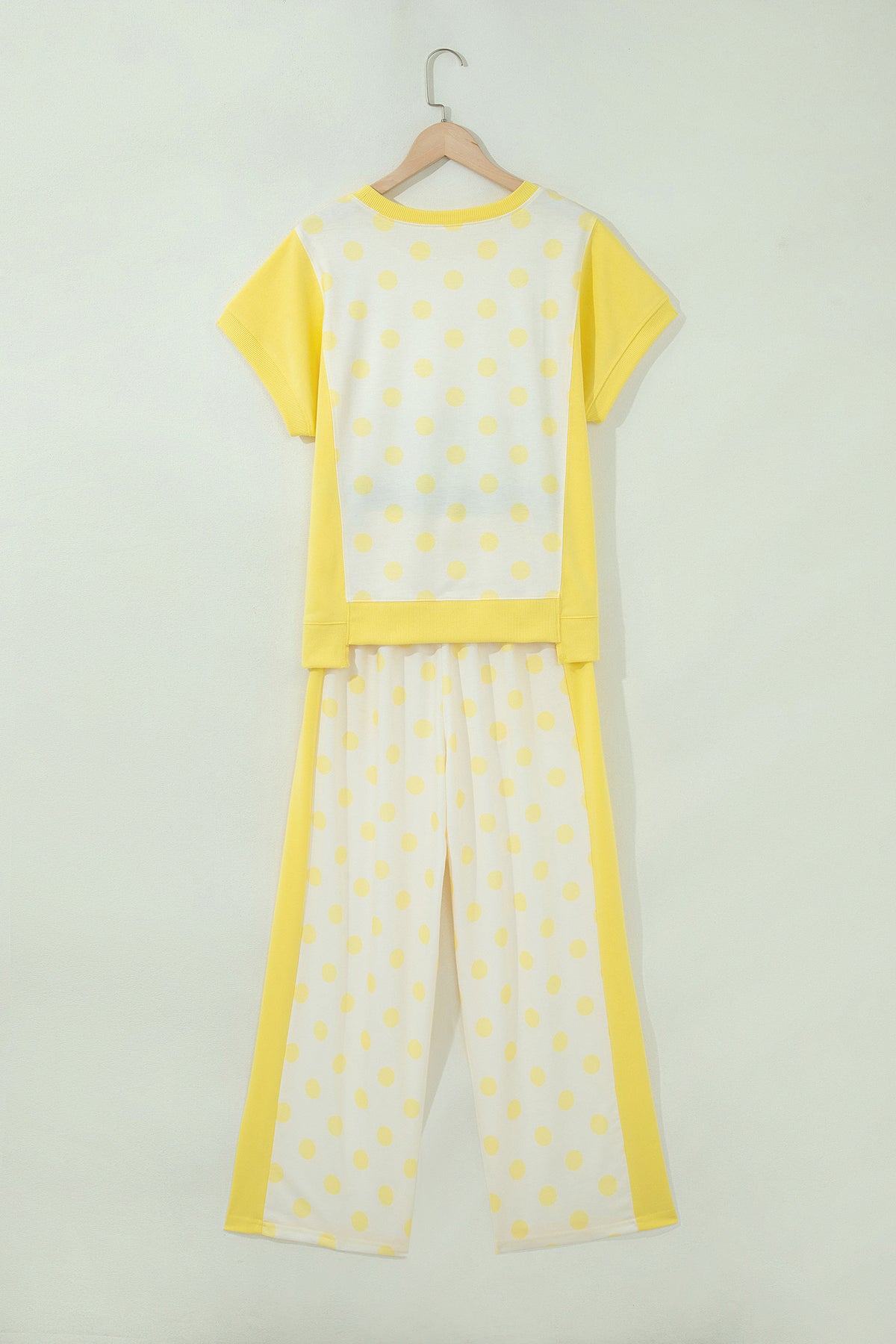 Sky blue two-piece pant set with color block patchwork and polka dot wide-leg trousers by Dear-Lover Dropshipping