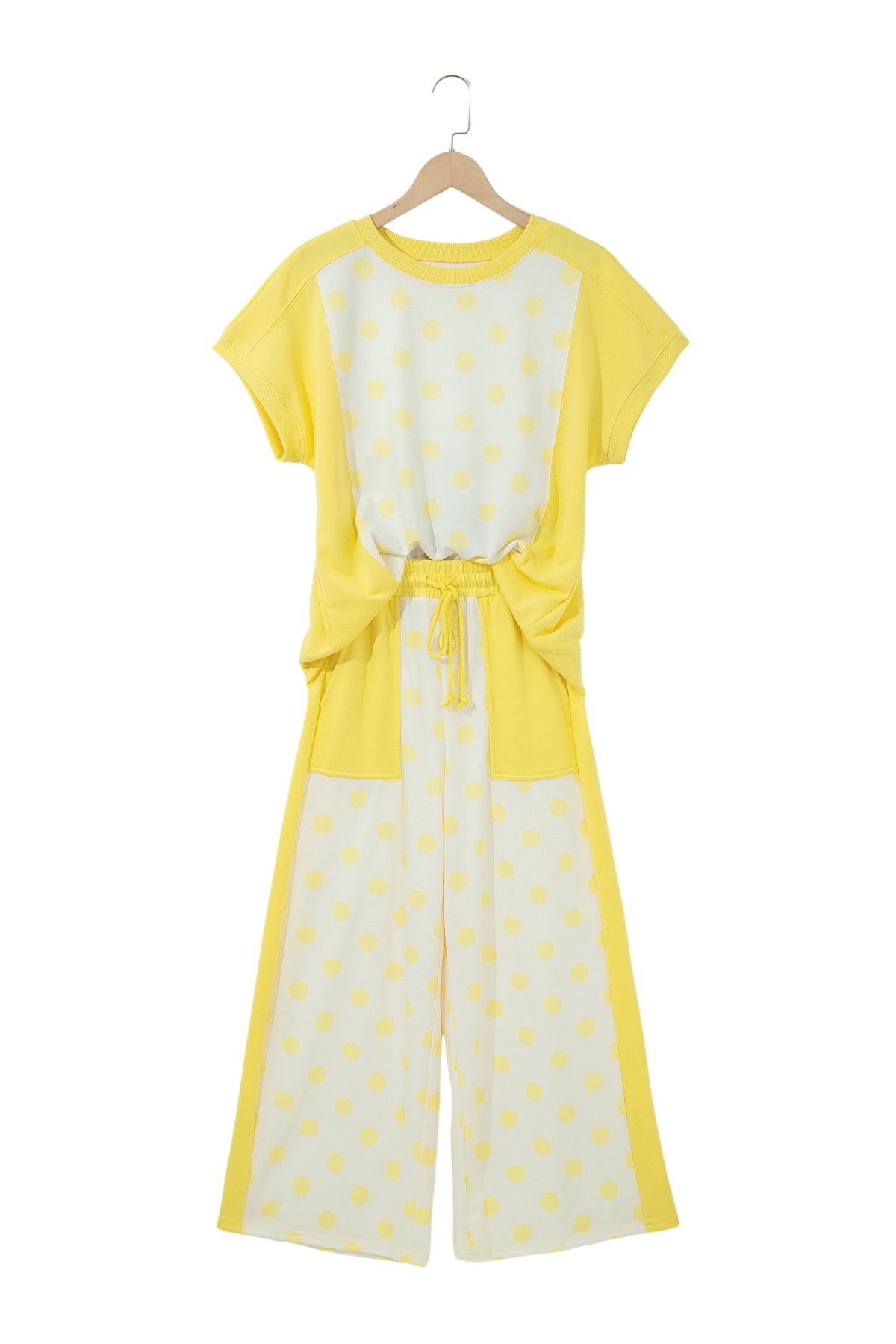 Sky blue color block patchwork polka dot wide-leg pant set from Dear-Lover, featuring two-piece polyester and cotton fabric.