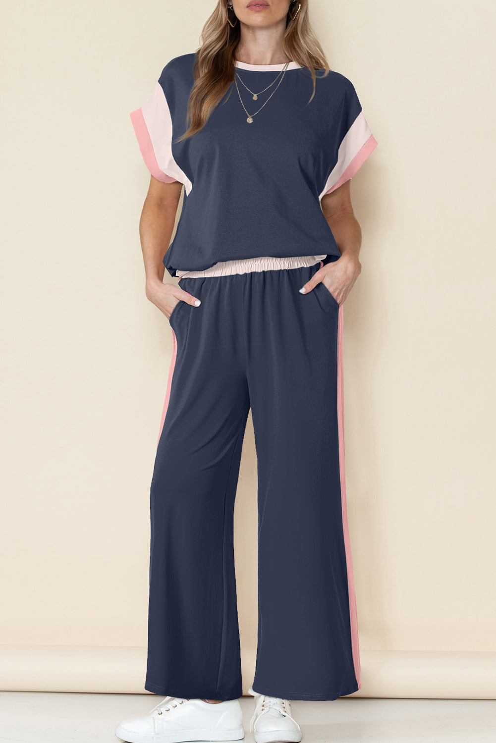 Navy blue color block detail casual two-piece set by Dear-Lover featuring a comfortable pants and top made from polyester and elastane.