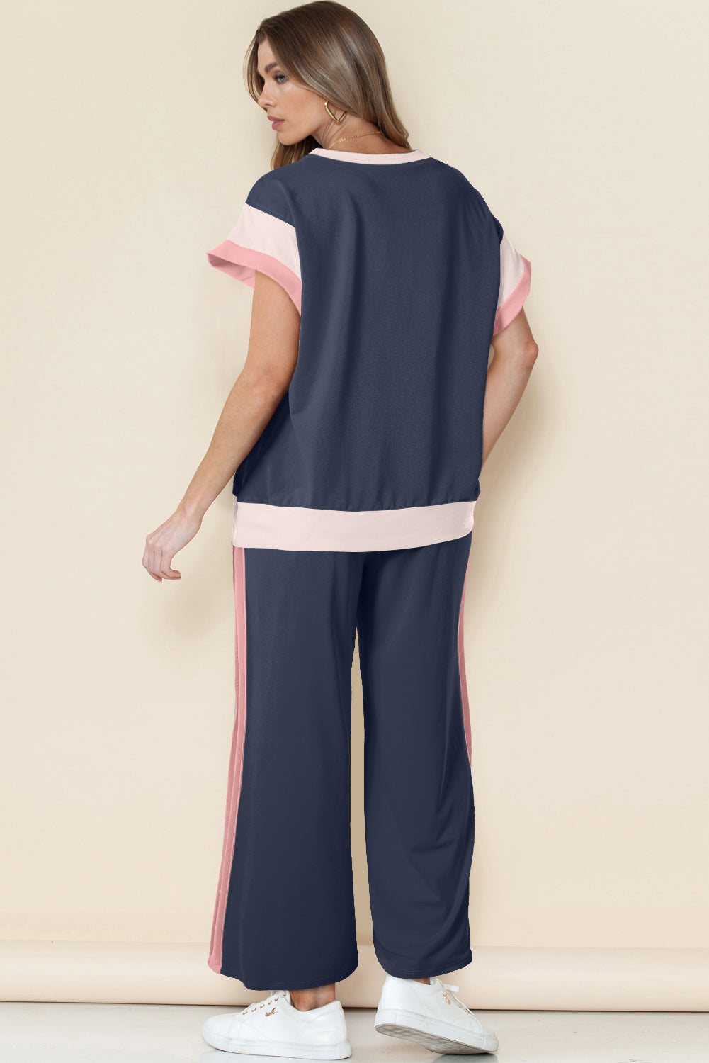 Navy blue color block detail casual two-piece set from Dear-Lover, featuring a comfortable pant set with sky blue accents.