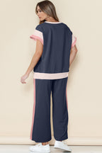 Navy blue color block detail casual two-piece set from Dear-Lover, featuring a comfortable pant set with sky blue accents.