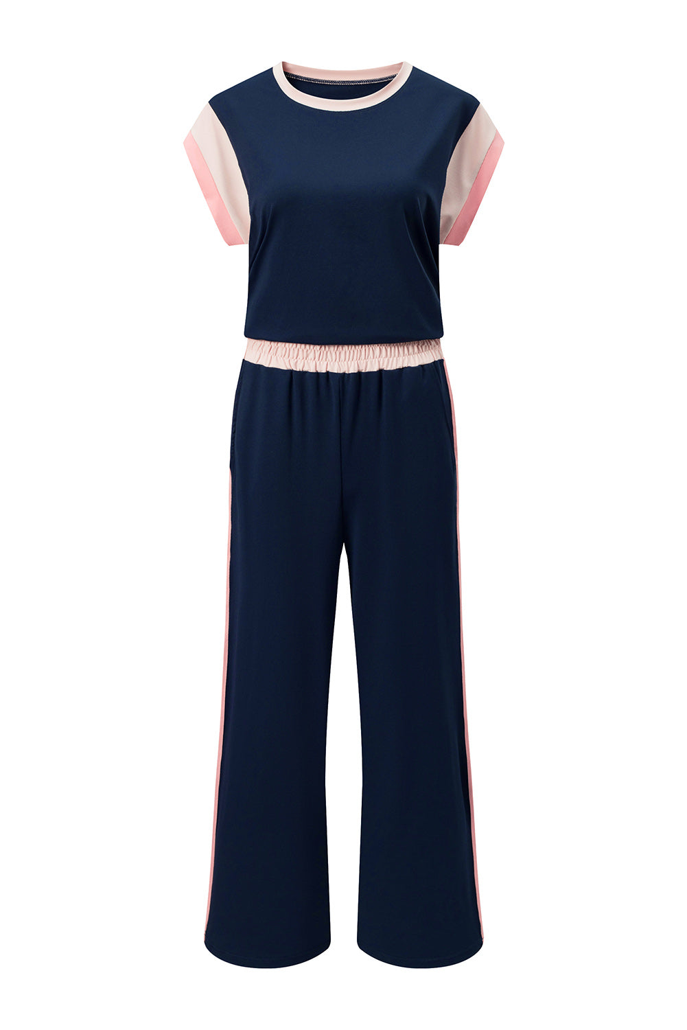 Navy blue color block detail casual two-piece set by Dear-Lover, featuring a comfortable polyester and elastane pant and top.